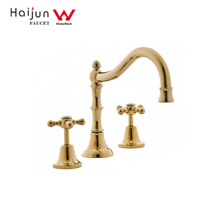 2 Handle Faucet with Bathroom Faucet Watermark Wels Gold Color 3 Hole 8 Inch Metal Modern Contemporary Ceramic Polished 5 Years