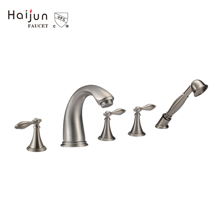 Modern Roman Tub Faucet with Handshower in Brushed Nickel, Deck Mount 5 Hole Bathtub Faucets with Sprayer