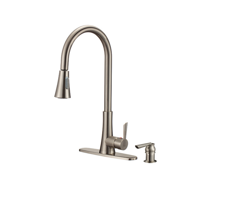 Commercial cUPC Chrome Single Handle Deck Mounted Pull Down Sprayer Kitchen Cabinet Faucet Mixer Taps with Soap Dispenser