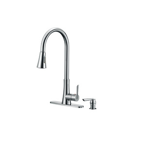 Commercial cUPC Chrome Single Handle Deck Mounted Pull Down Sprayer Kitchen Cabinet Faucet Mixer Taps with Soap Dispenser