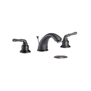 Black Widespread Deck Mounted 8 in. Three Holes Double Handles Bathroom Sink Faucet with Matching Pop Up Drain with Overflow