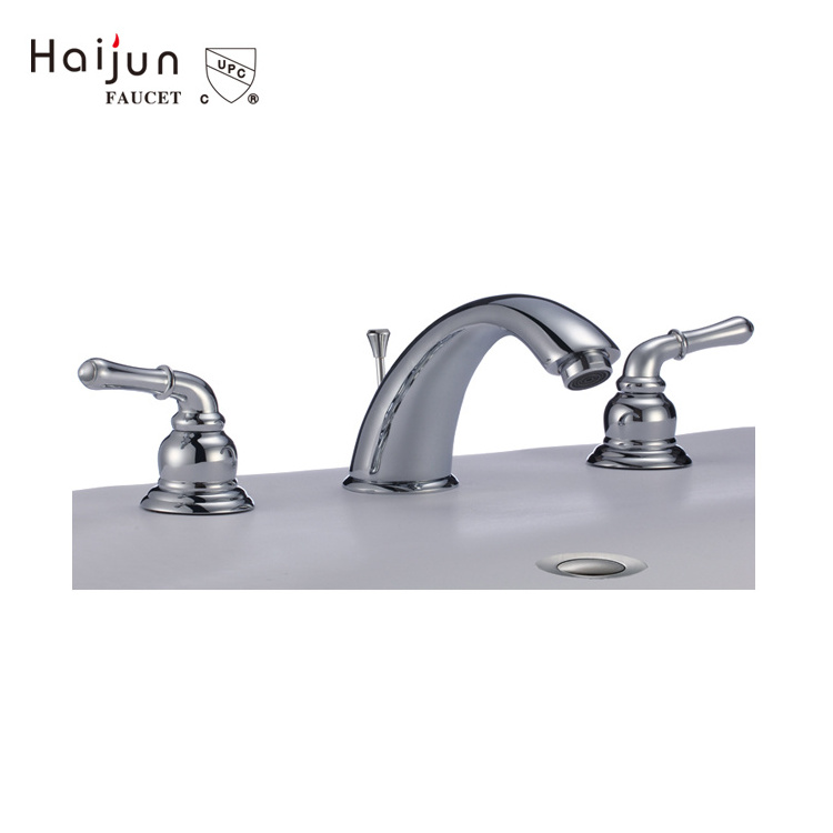 Black Widespread Deck Mounted 8 in. Three Holes Double Handles Bathroom Sink Faucet with Matching Pop Up Drain with Overflow