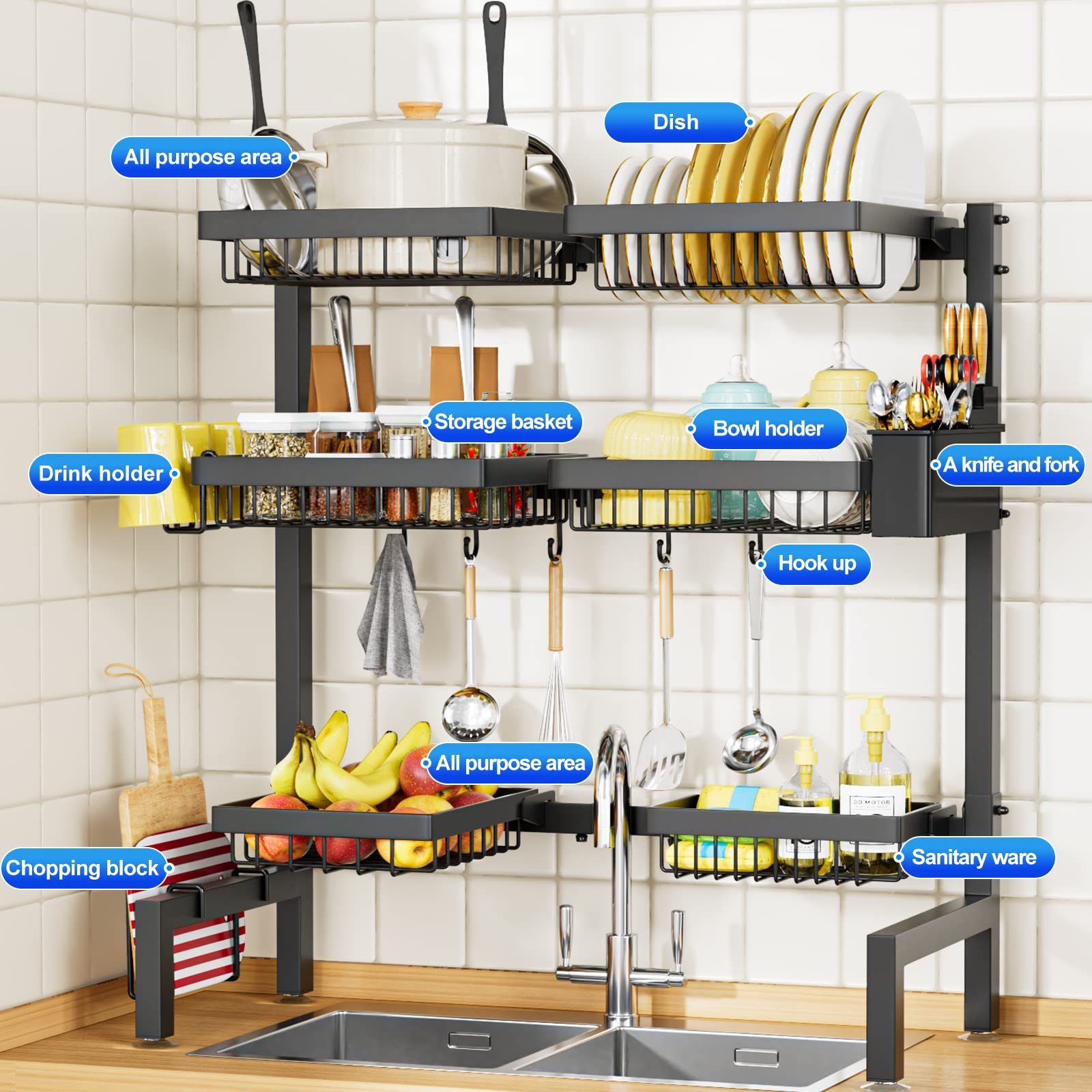 3 Tier Carbon Steel Spice Kitchen Rack Shelf Under Sink Organizer for Kitchen Cabinet Storage