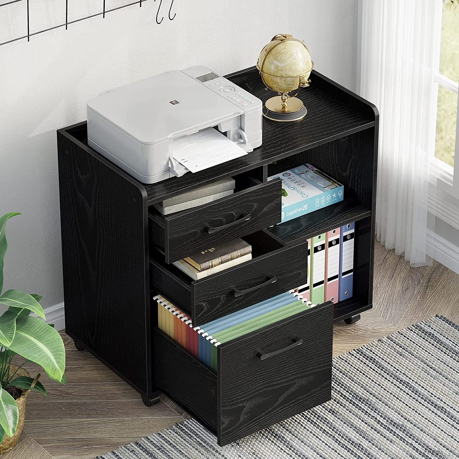 3-drawers file cabinet,mobile lateral printer stand with open storage shelf,rolling filing cabinet with wheels