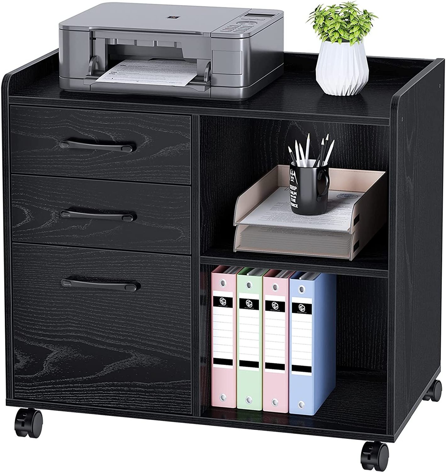 3-drawers file cabinet,mobile lateral printer stand with open storage shelf,rolling filing cabinet with wheels