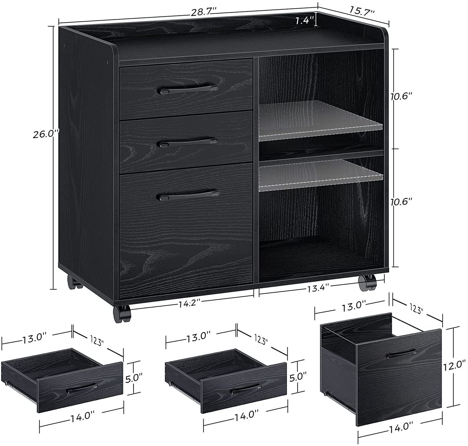 3-drawers file cabinet,mobile lateral printer stand with open storage shelf,rolling filing cabinet with wheels