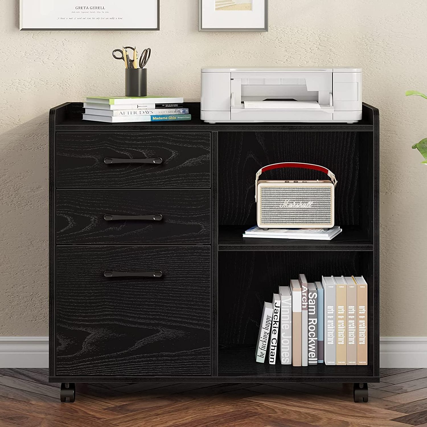 3-drawers file cabinet,mobile lateral printer stand with open storage shelf,rolling filing cabinet with wheels