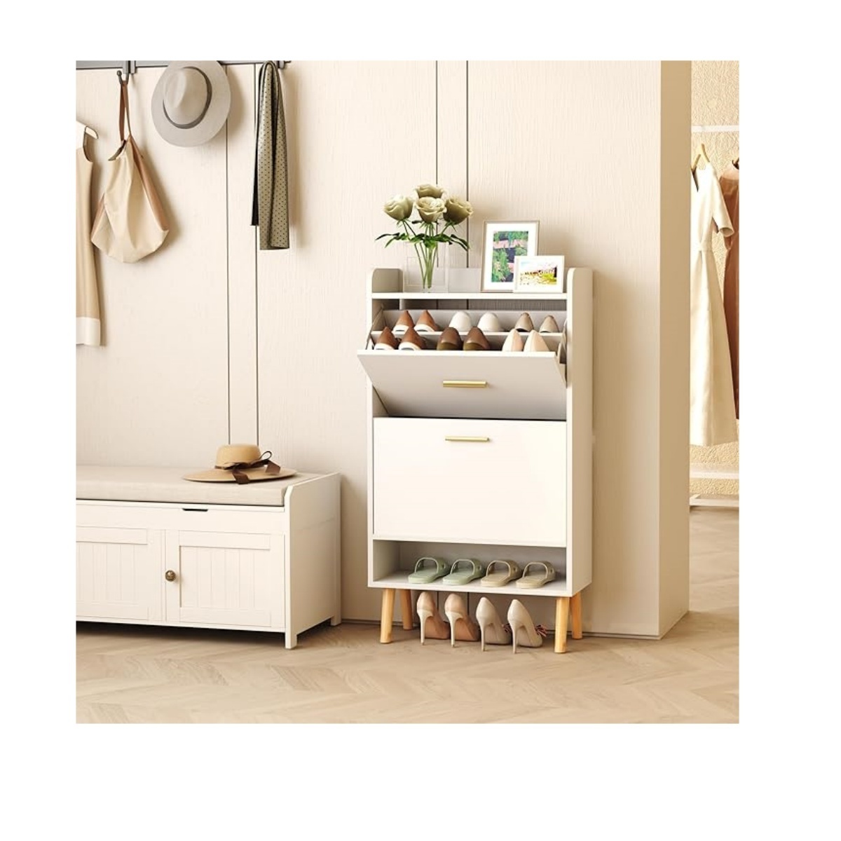 Shoe Cabinet for Entryway, White Slim Shoe Cabinet with Drawers Narrow Shoe Storage Cabinet Shoe Organizer for Entryway, Hallway