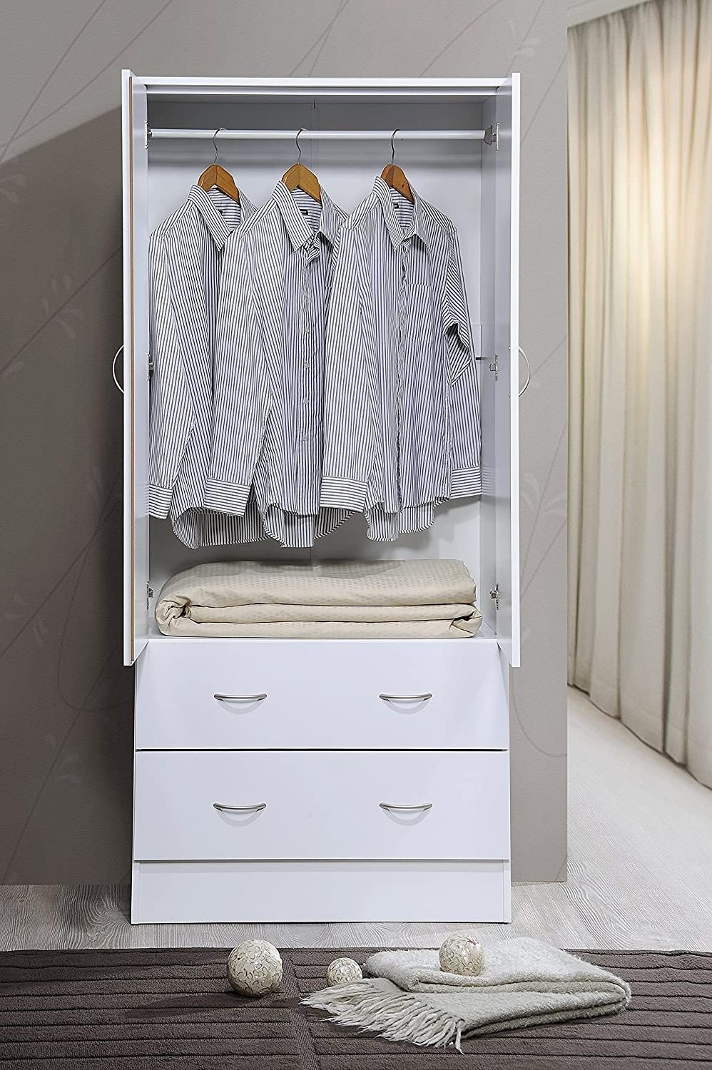 wardrobe with clothes rail,double doors and storage drawers,large space wardrobe chest storage organizer