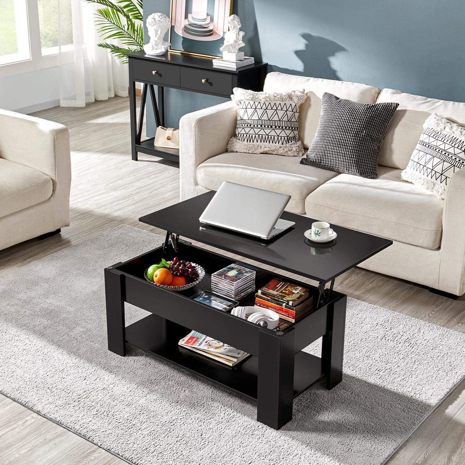 Modern Wood Lift Top Coffee Table With Hidden Compartment and Storage Shelf Cabinet for Living Room