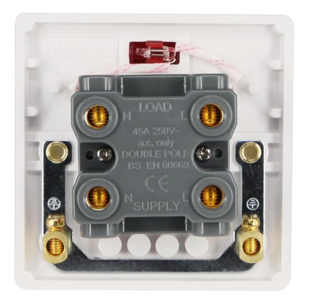 British Standard- White VN Range 45A 1 gang double pole switch+neon single plate