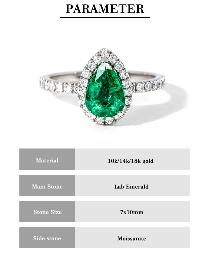 7*10mm Hight quality gemstone lab grown emerald stone 10k 14k 18k white gold pear women rings jewelry