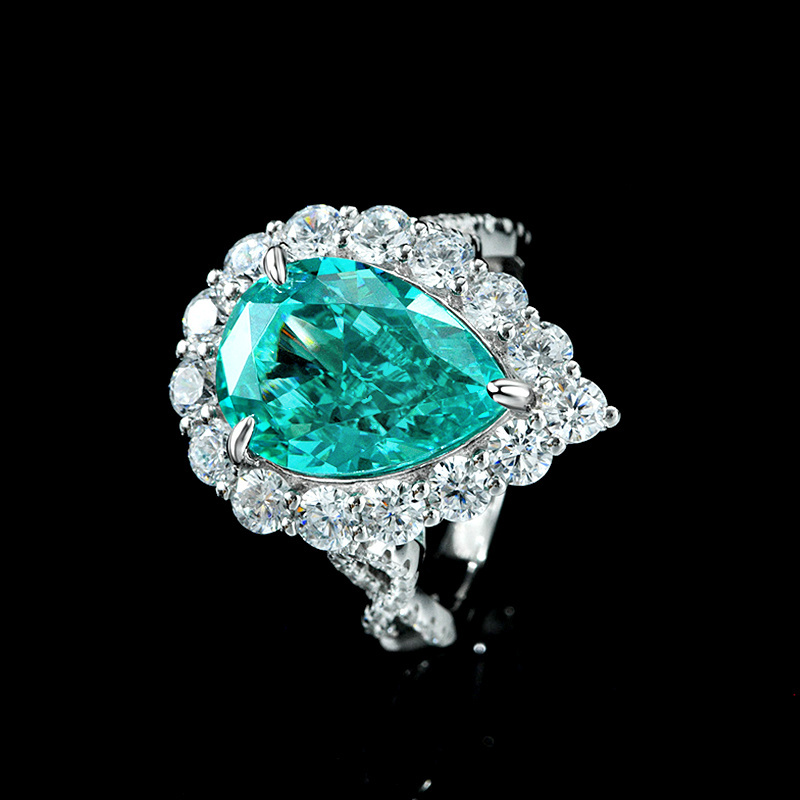 Hailer Jewelry pear cut lab created blue green stone synthetic paraiba tourmaline S925 silver cocktail rings for women