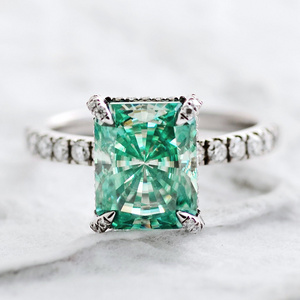 Vintage style blue green crushed ice radiant cut moissanite ring 14k gold for gift