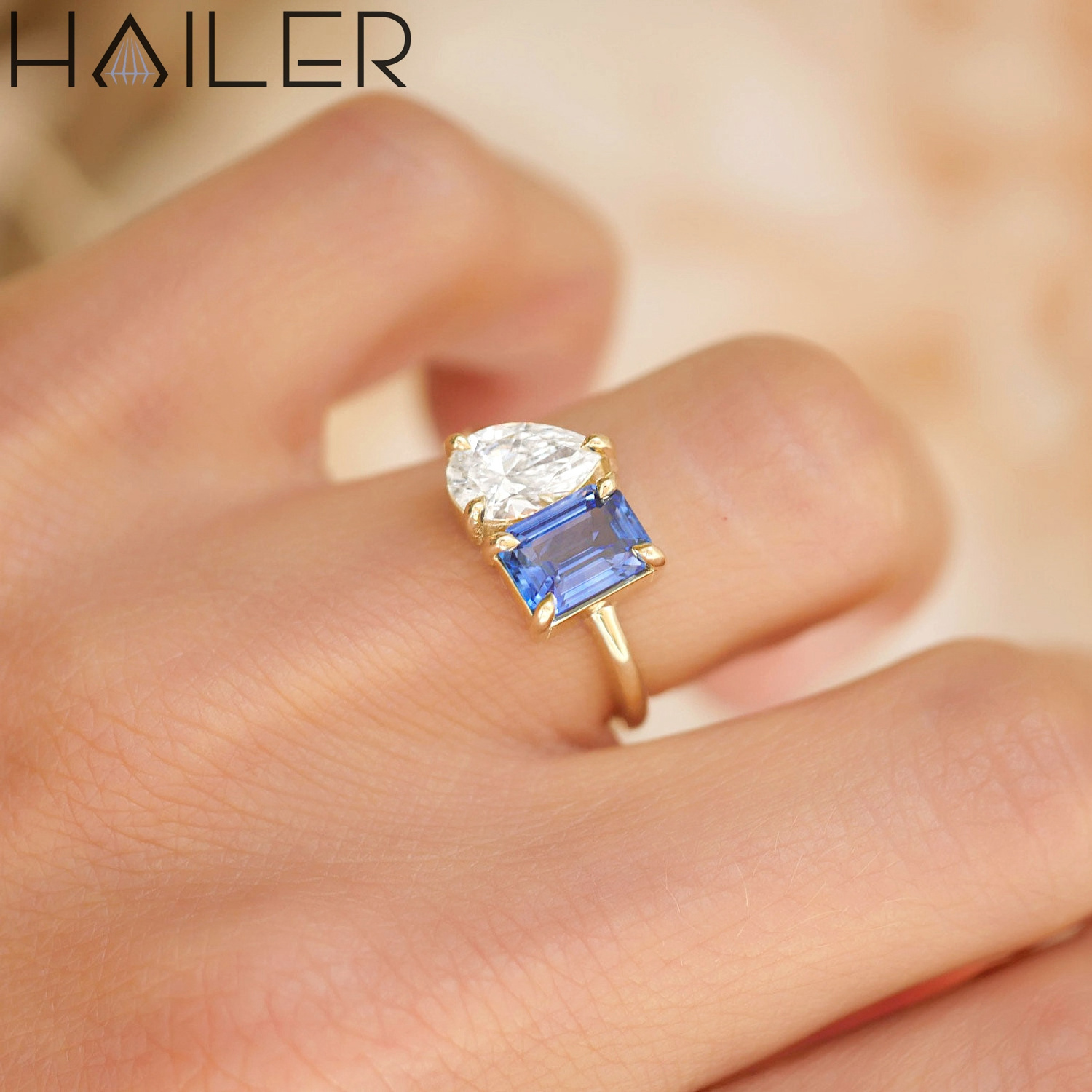 10K 14K 18K gold emerald cut gemstone pear moissanite blue sapphire engagement rings for women