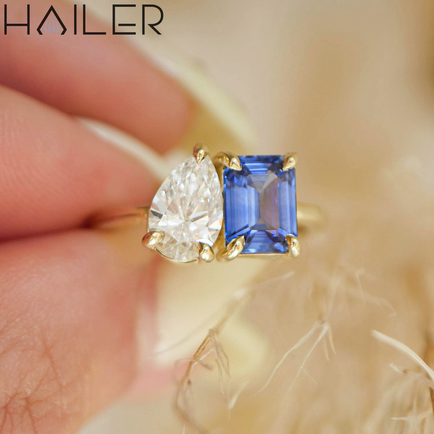 10K 14K 18K gold emerald cut gemstone pear moissanite blue sapphire engagement rings for women