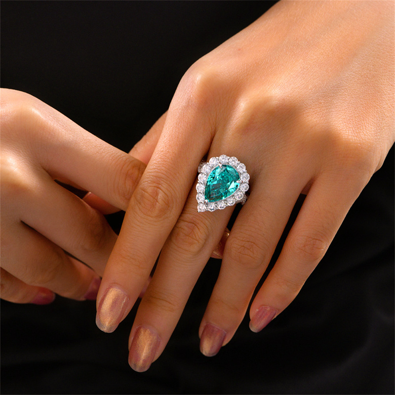 Hailer Jewelry pear cut lab created blue green stone synthetic paraiba tourmaline S925 silver cocktail rings for women