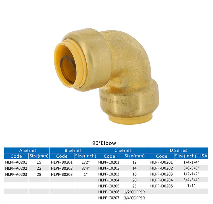 Plumbing brass push fit fittings quick release bite fittings brass 90 degree elbow for pex water pipe