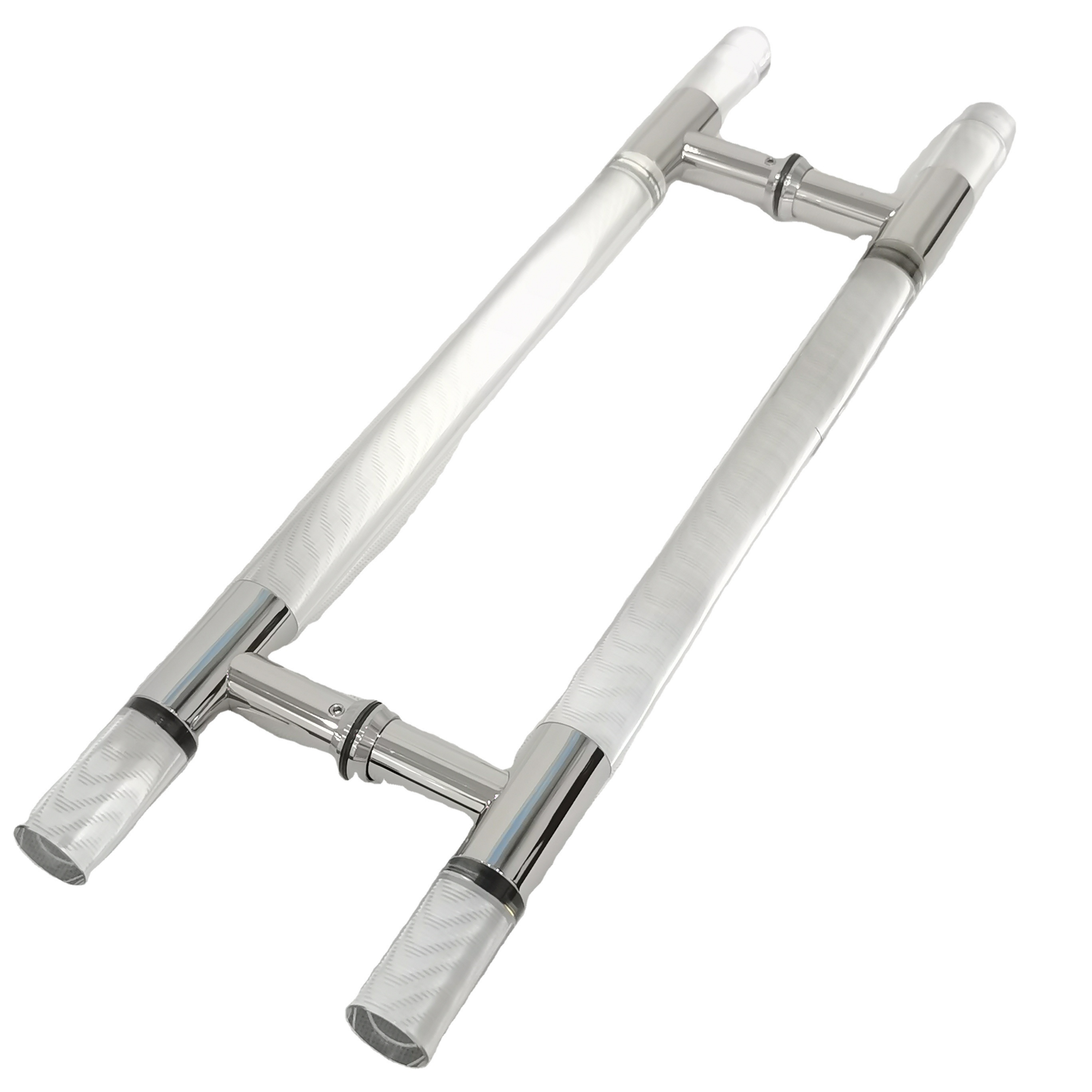 Chinese Style Acrylic Smooth Transparent Back-to-Back Shower Door Pull Handle with Brushed Nickel Rings