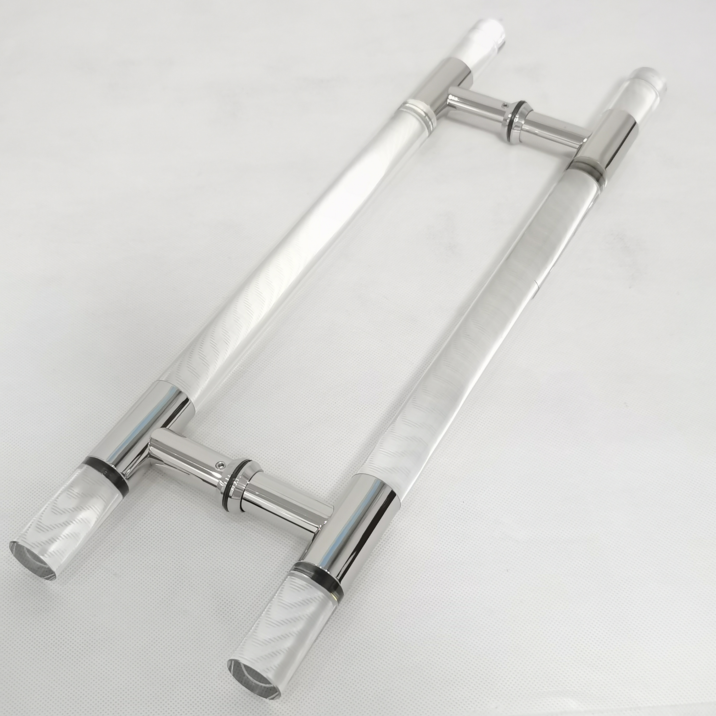 Chinese Style Acrylic Smooth Transparent Back-to-Back Shower Door Pull Handle with Brushed Nickel Rings