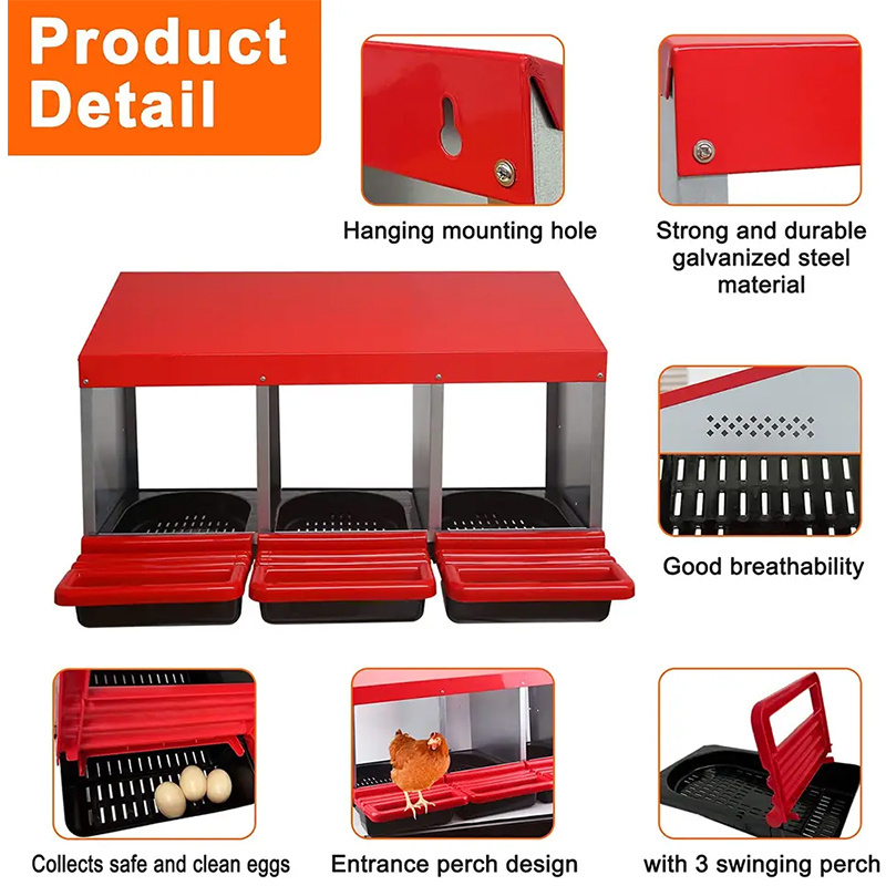 Chicken Nesting Boxes 3 Hole Metal Chicken Egg Laying Box with Swing Perch and Rollout Egg Collection for Chicken Coop