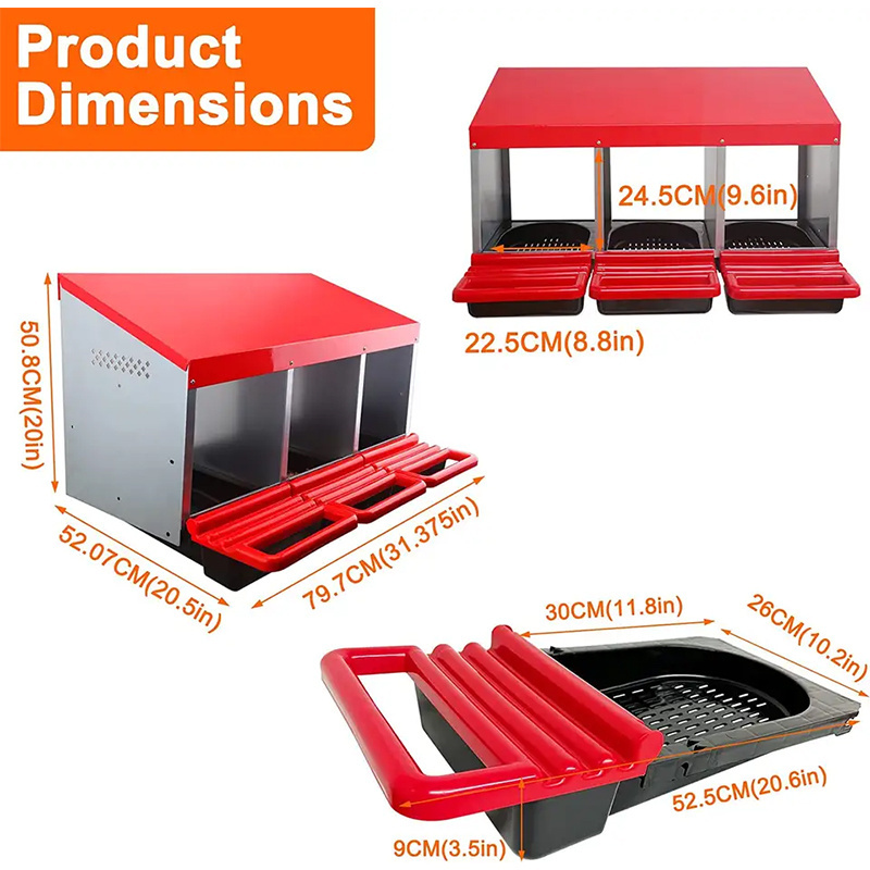 Chicken Nesting Boxes 3 Hole Metal Chicken Egg Laying Box with Swing Perch and Rollout Egg Collection for Chicken Coop