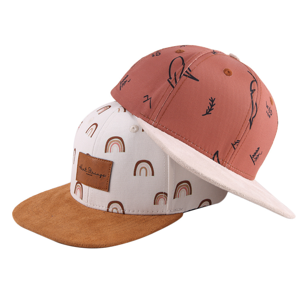 High quality custom 6 panel flat brim Leather label kids snapback caps hats