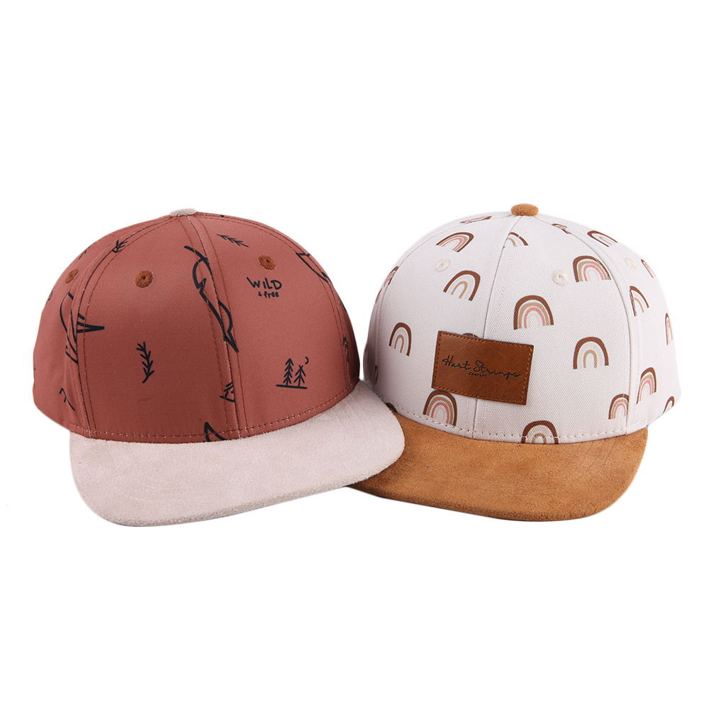 High quality custom 6 panel flat brim Leather label kids snapback caps hats