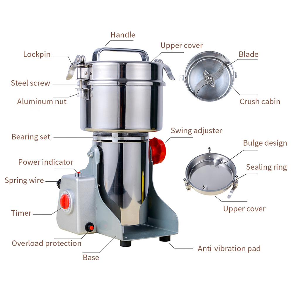 Electric Grain Mill, 2000g Kitchen Grinder Spice Grinder for Dried Herbs Wheat Spices Cereals Coffee Pepper Flour