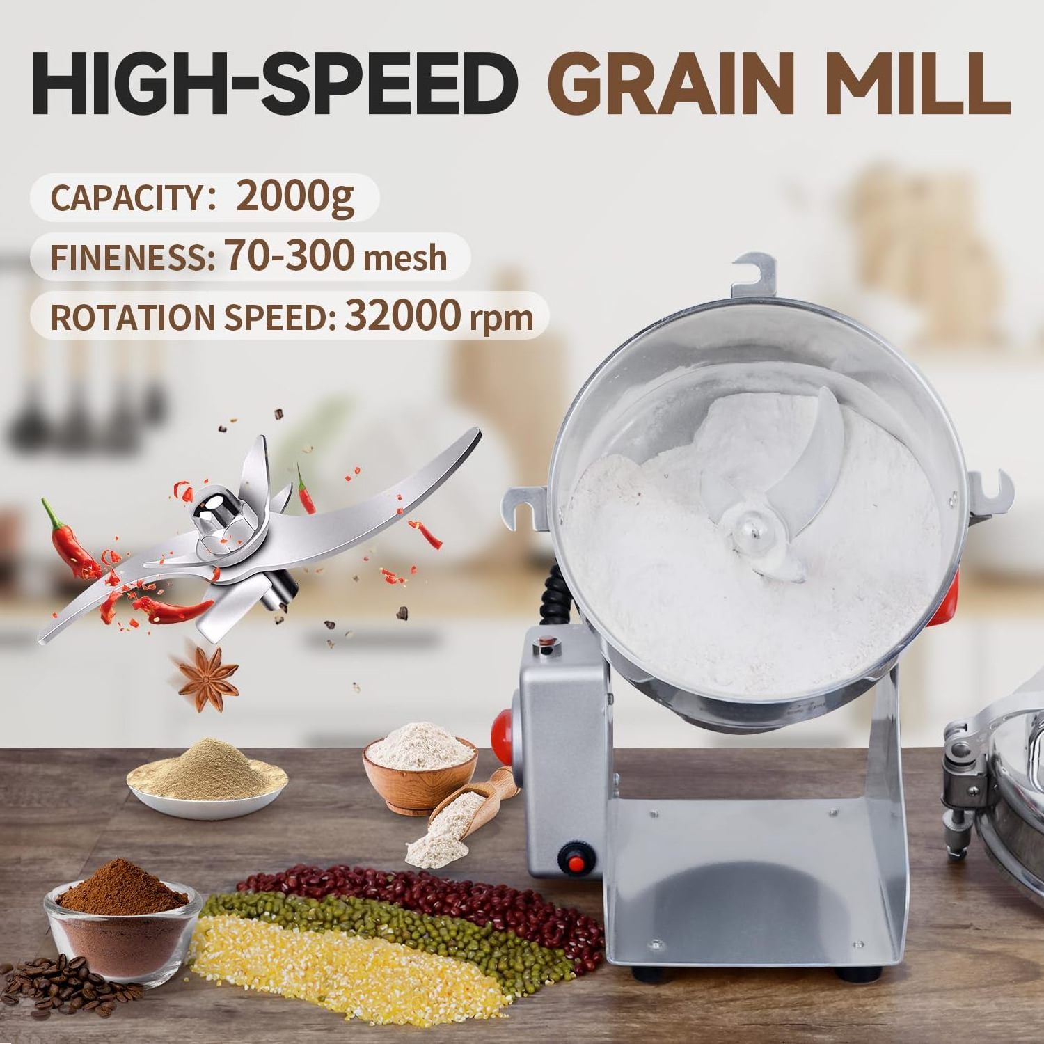 Electric Grain Mill, 2000g Kitchen Grinder Spice Grinder for Dried Herbs Wheat Spices Cereals Coffee Pepper Flour