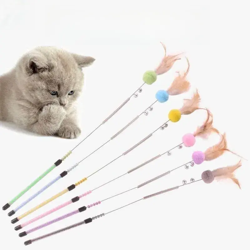 New Cat Teaser Stick Spring Steel Wire Feather Funny Cat Stick Plush Ball Colorful Fairy Feather Long Pole Cat Toy