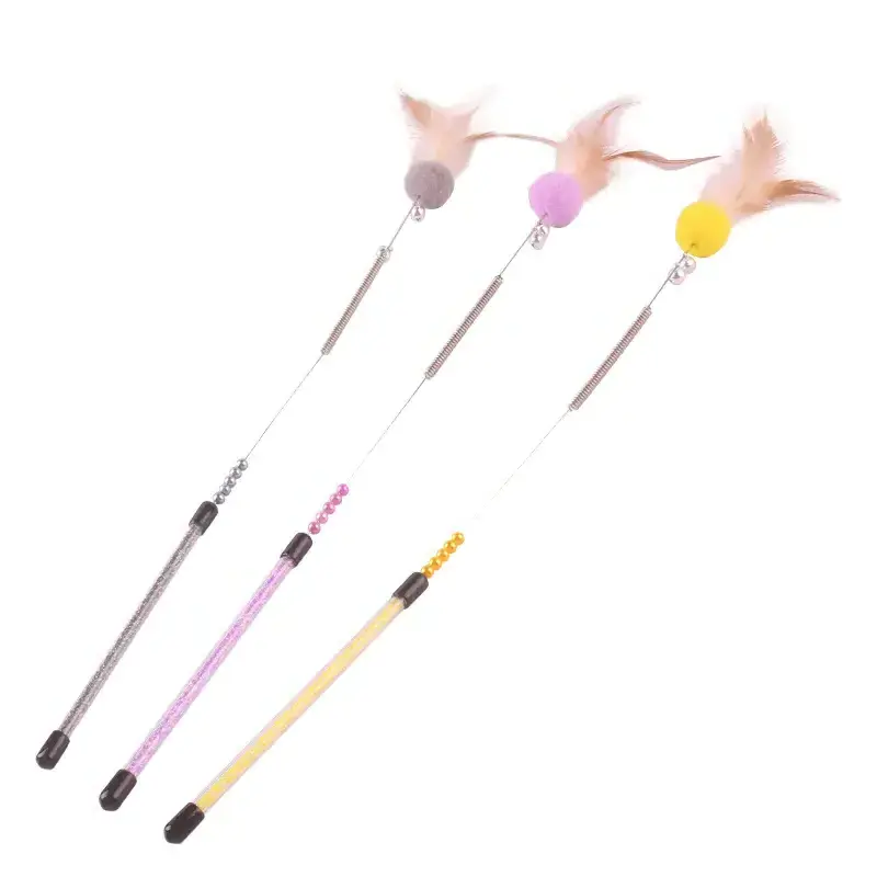 New Cat Teaser Stick Spring Steel Wire Feather Funny Cat Stick Plush Ball Colorful Fairy Feather Long Pole Cat Toy