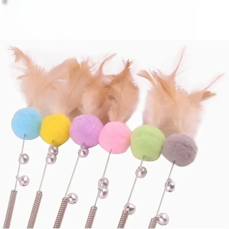 New Cat Teaser Stick Spring Steel Wire Feather Funny Cat Stick Plush Ball Colorful Fairy Feather Long Pole Cat Toy