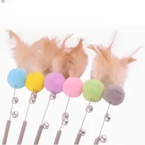 New Cat Teaser Stick Spring Steel Wire Feather Funny Cat Stick Plush Ball Colorful Fairy Feather Long Pole Cat Toy