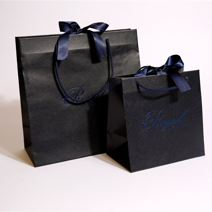 Hot selling ribbon bowknot matt lamination black shopping gift paper bag packaging with your own logo