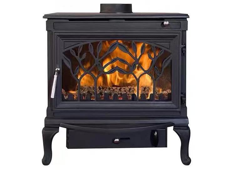 Cast iron wood stove with 3 sides glass