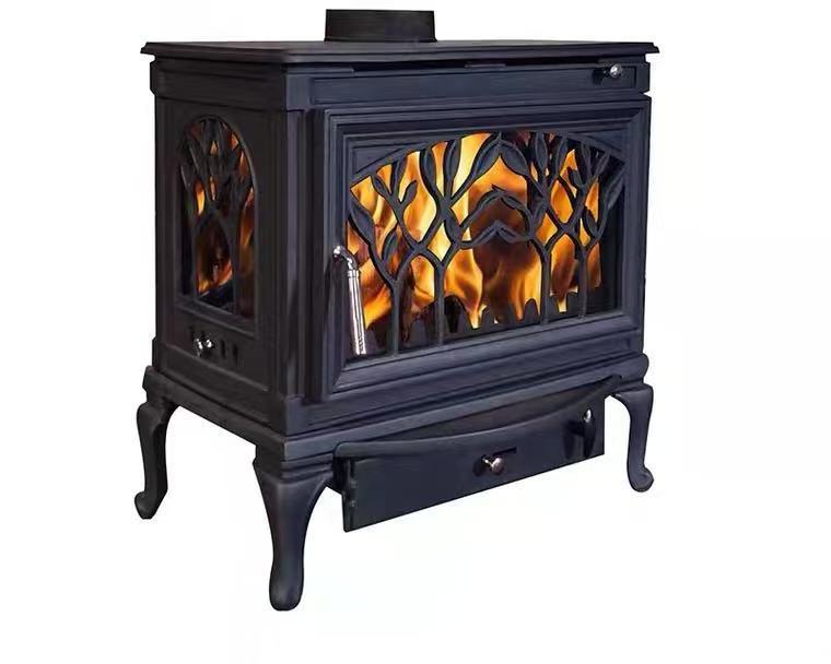 Cast iron wood stove with 3 sides glass