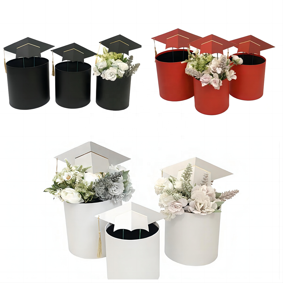 Factory Direct Sales Graduation hat hug bucket 3-piece flower gift box Graduation flower box round bucket box