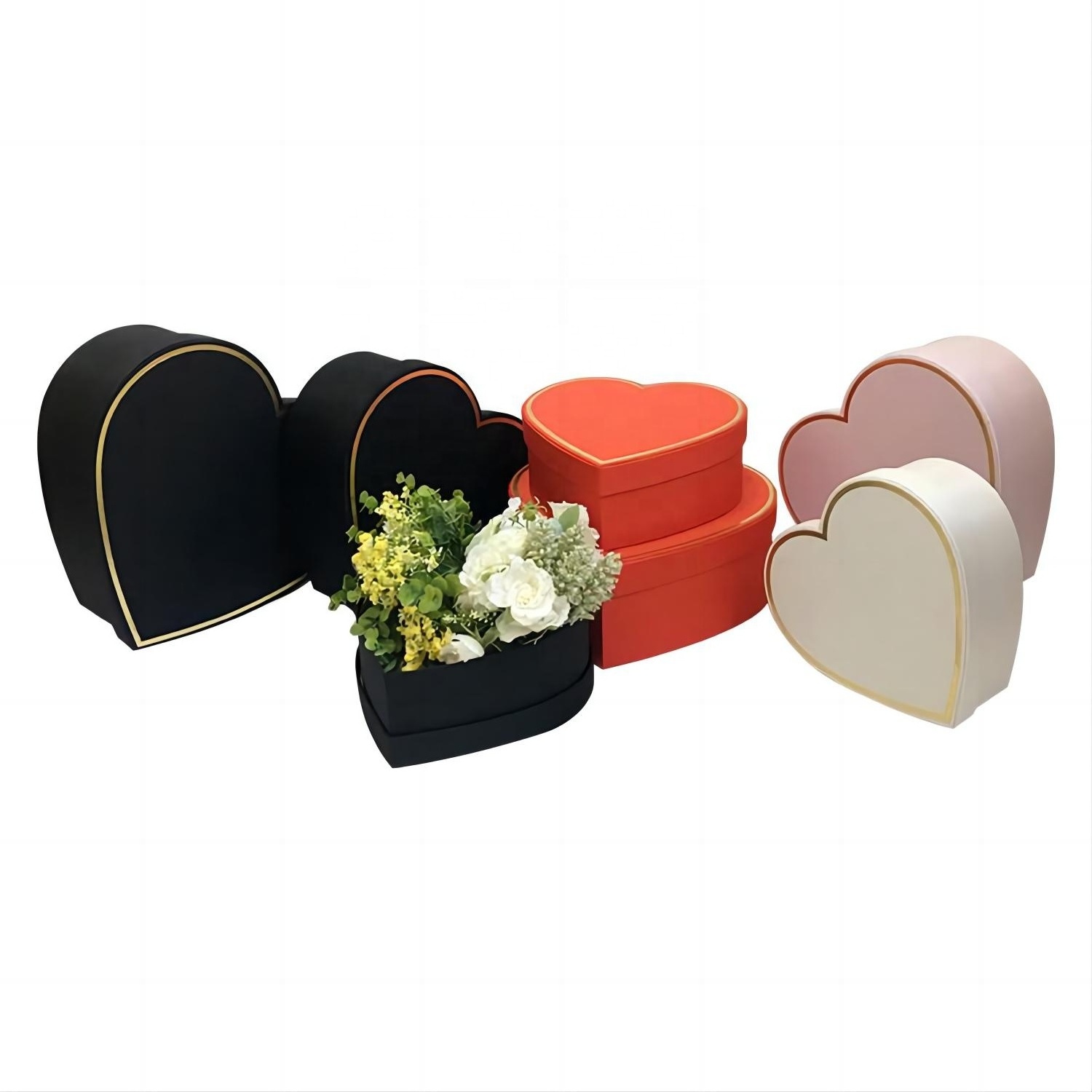 OEM  Hot Gold Thread Color Tint Cloth Heart-Shaped Three-Piece Set Of High-Grade Flower Gift Box Heart-Shaped Hand Gift Box