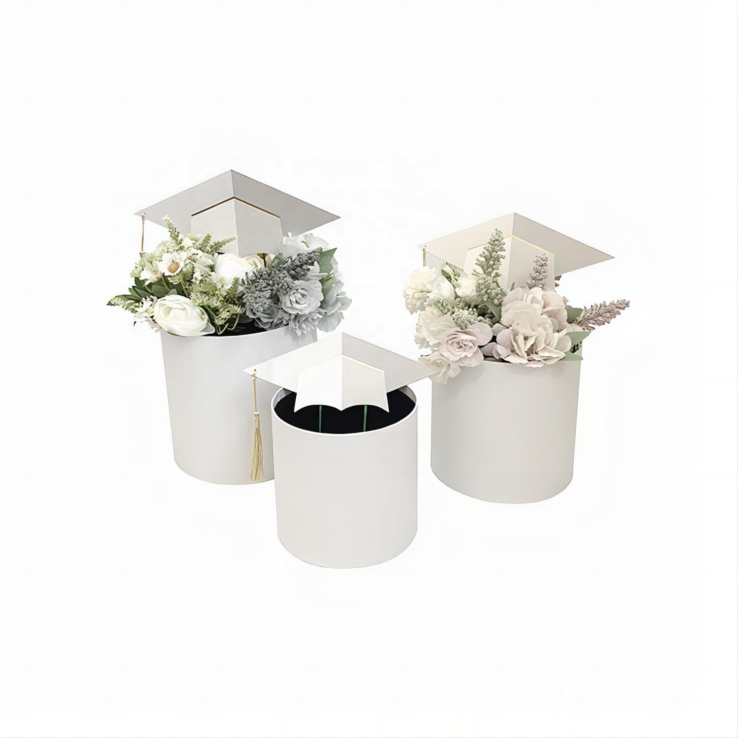 Factory Direct Sales Graduation hat hug bucket 3-piece flower gift box Graduation flower box round bucket box