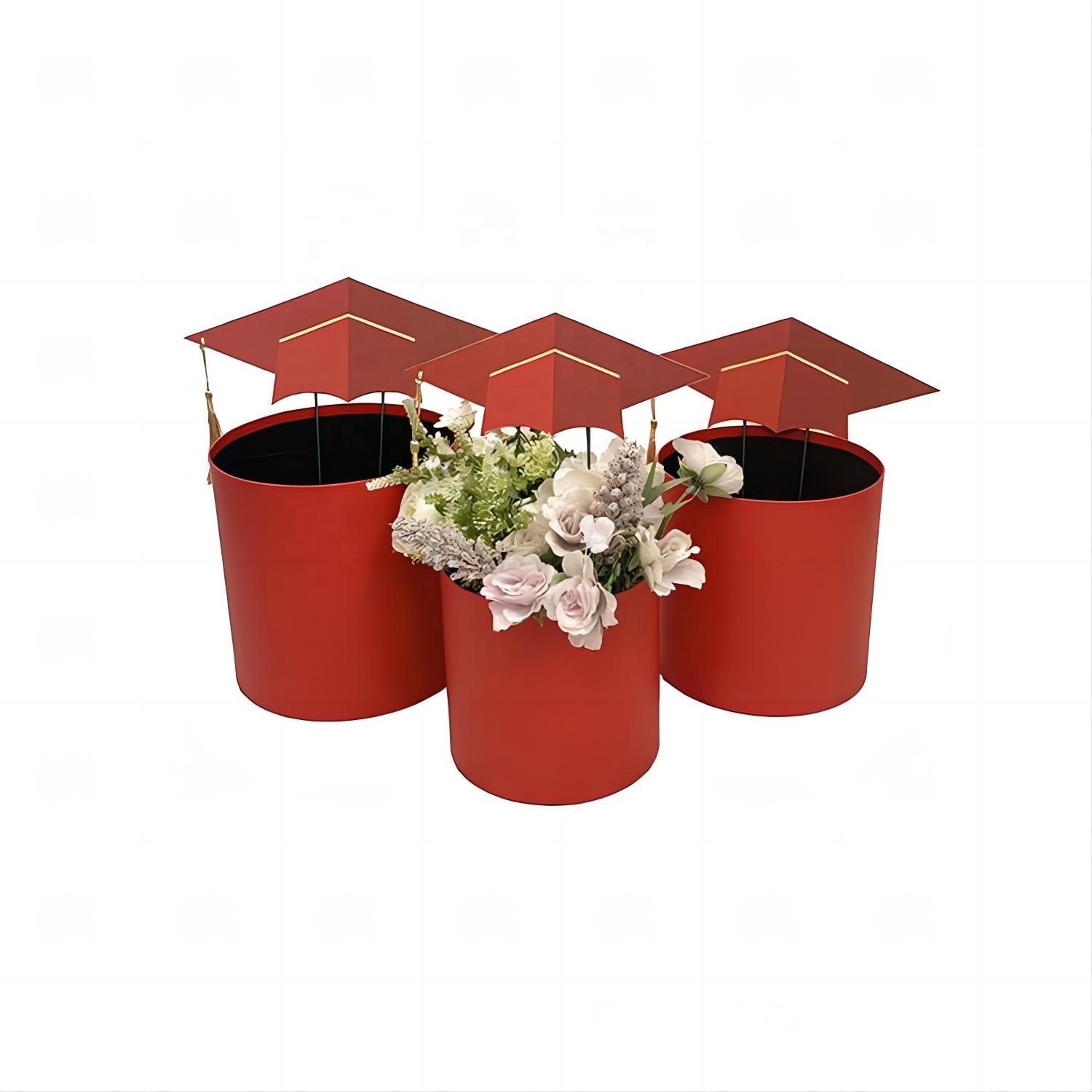 Factory Direct Sales Graduation hat hug bucket 3-piece flower gift box Graduation flower box round bucket box