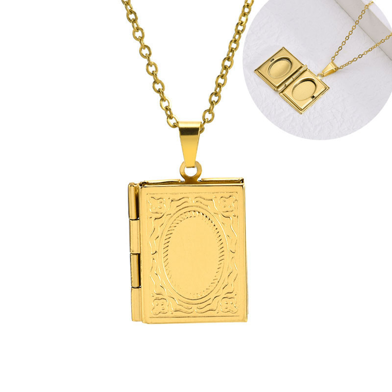 Vintage Engraved Photo Locket Hold Picture Books Pendant Necklace Jewelry for Women Stainless Steel