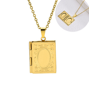 Vintage Engraved Photo Locket Hold Picture Books Pendant Necklace Jewelry for Women Stainless Steel