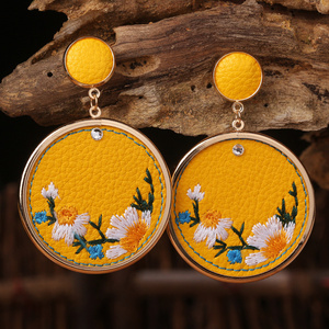 Handmade Embroidery Brown Leather Flower Earrings for Women