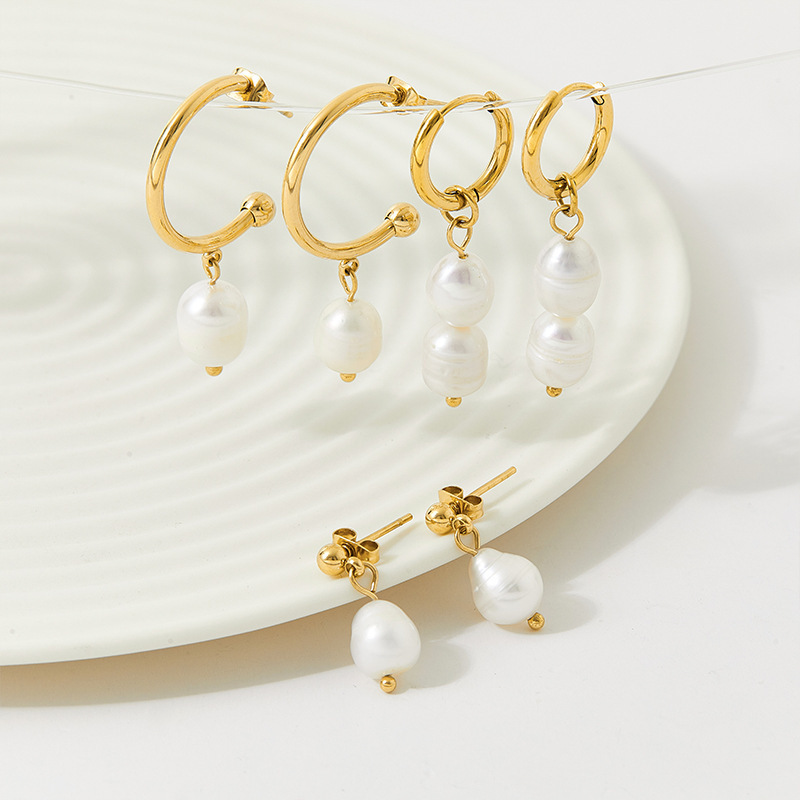 Gold Plated Stainless Steel Huggie Hoop Earrings With Pearl Dangle Earrings Stainless Steel