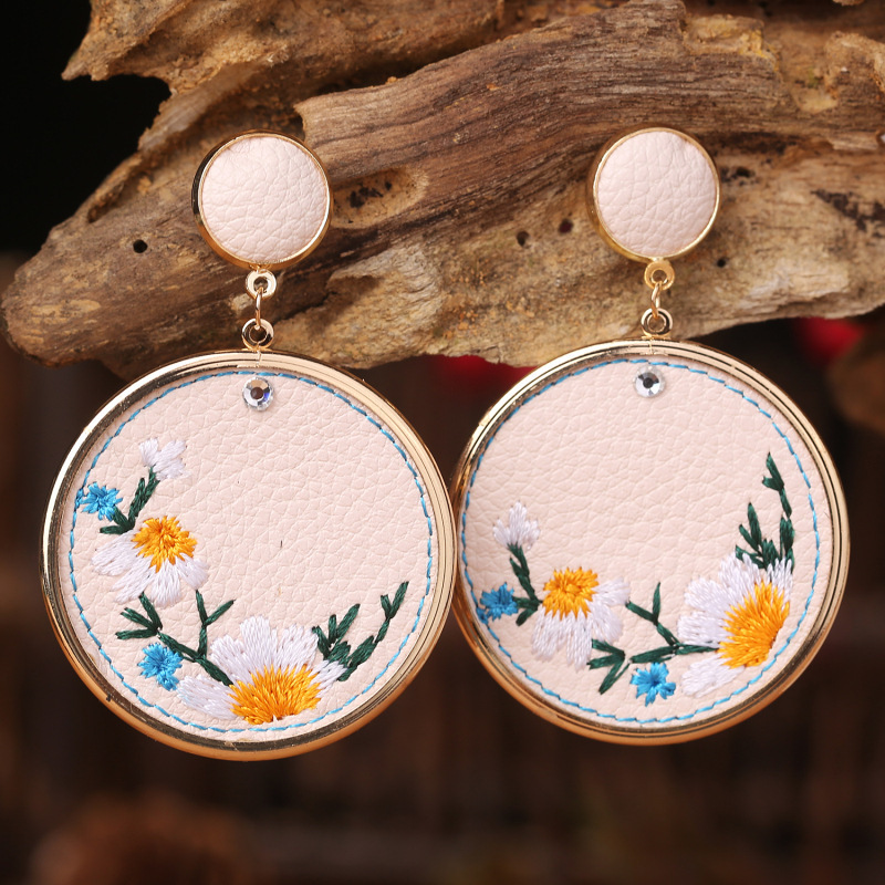 Handmade Embroidery Brown Leather Flower Earrings for Women