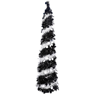 Foldable Black/Gold 5FT Plump Round Foil Sequins Pop Up Tinsel Tree with Stand Easy to Assemble for Christmas Holiday Decoration