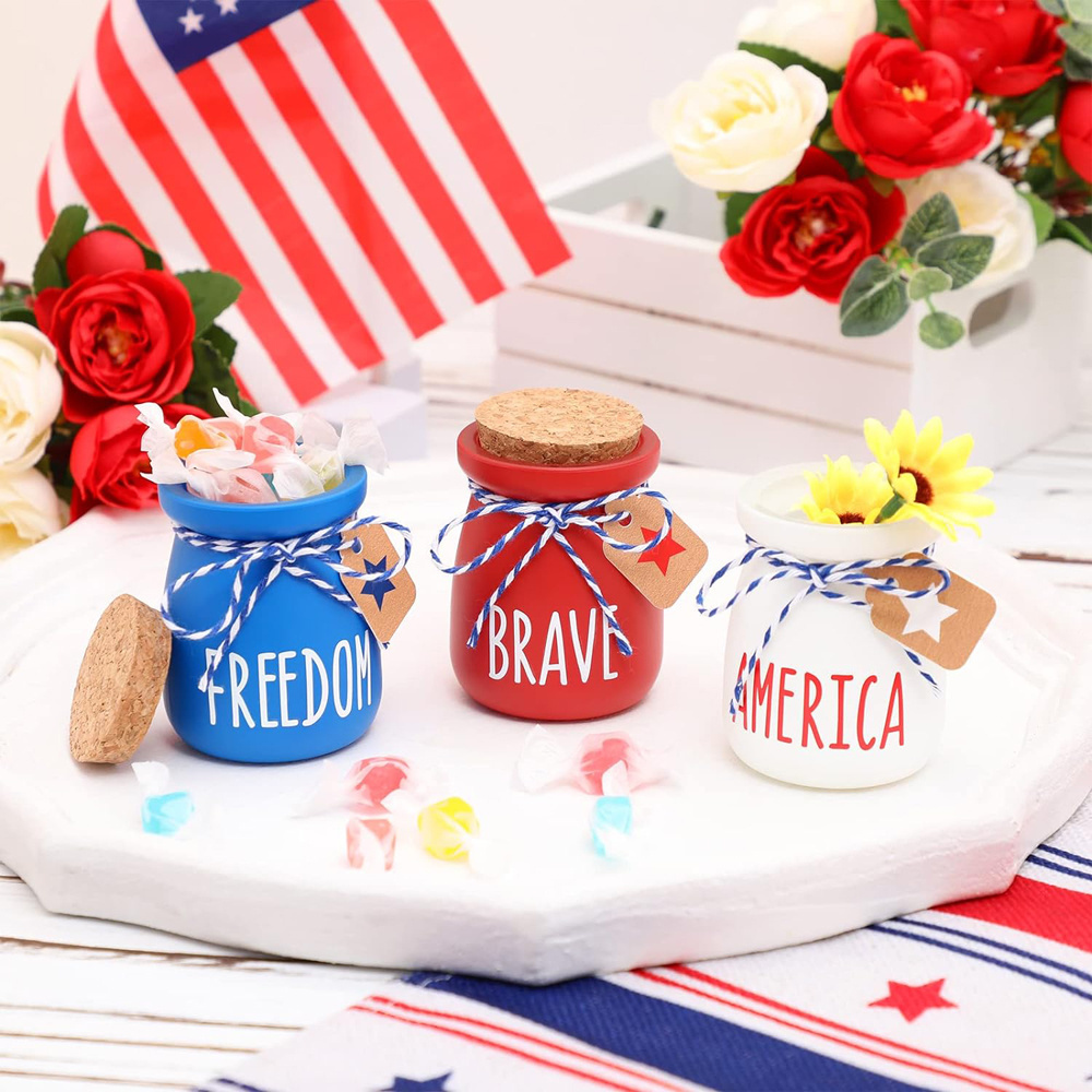 4th of July Mini Pudding Mason Jars with Lids Tiered Tray For Farmhouse Home Kitchen Shelf Tabletop Table Centerpiece Decoration