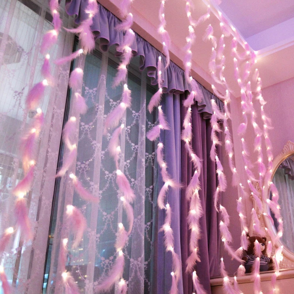 DIY Pink Feather Decorative LED Curtain String Lights 2*1M USB Power With Remote For Window Girl Bedroom Party Decoration