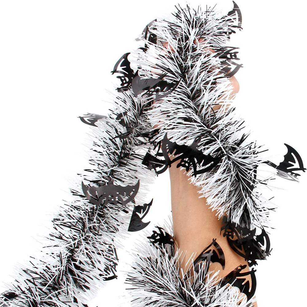 White & Black Spooky Bat Metallic Tinsel Twist Garland for Halloween Accessories Party Decoration